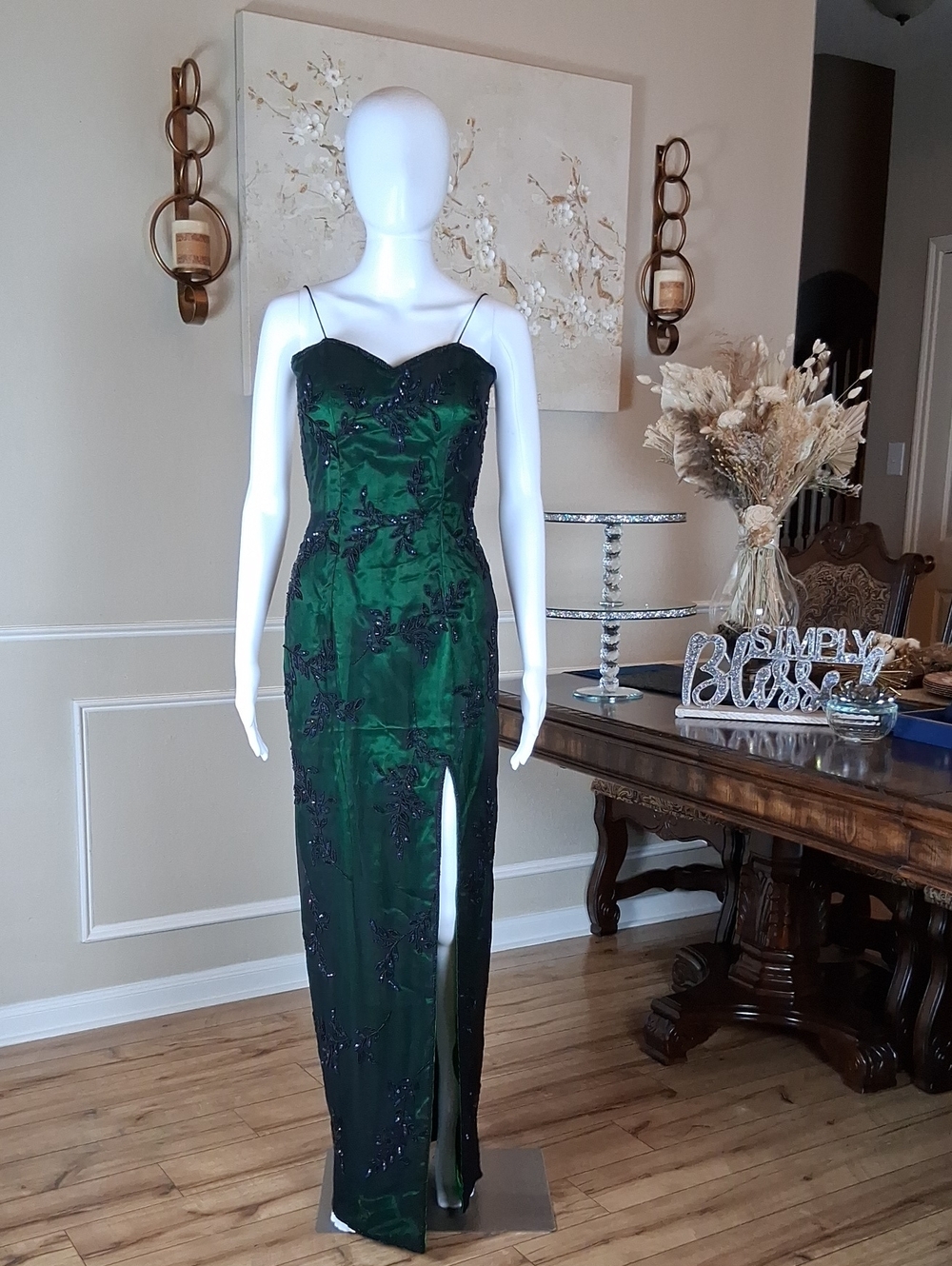 Women's Emerald Green Beaded Spaghetti-Strap Floor Length Evening Gown Size S